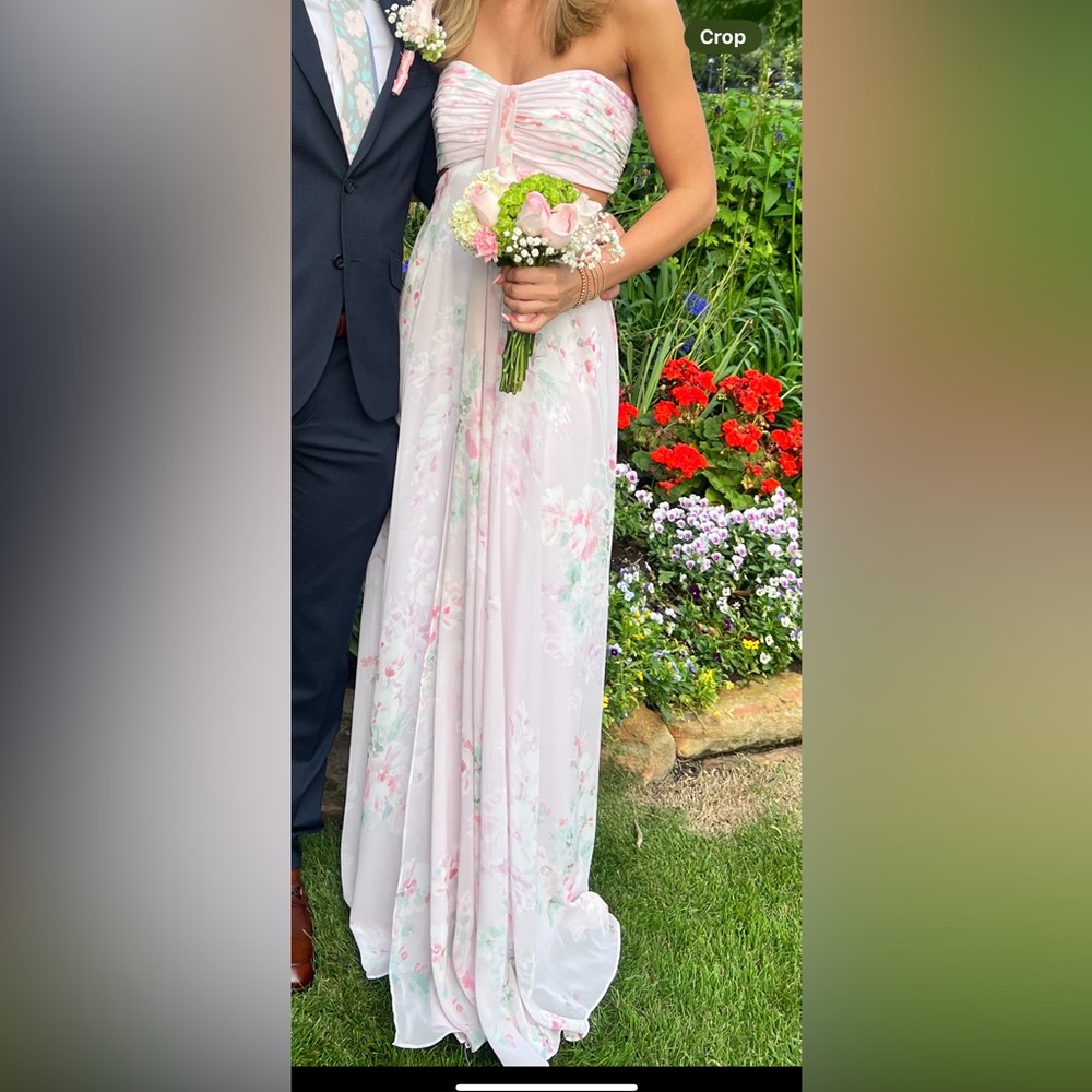 the dessy group water color print cut out maxi dress.
